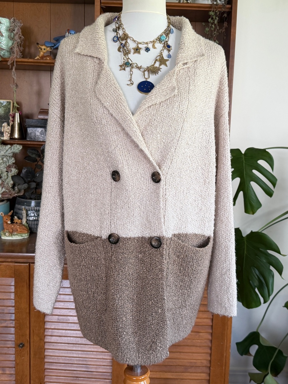 Stevie Hender Boutique Cozy Two-Tone Bouclé Knit Coatigan Cream & Brown Cardigan